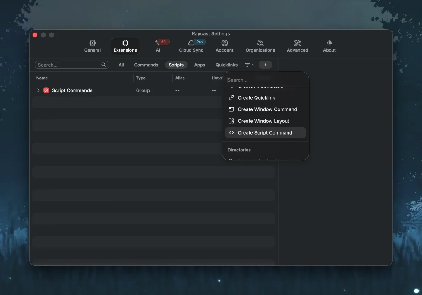 Raycast Extensions Tab